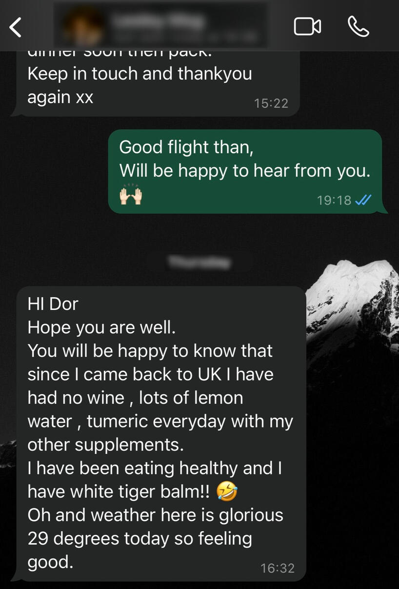 A client is happily changing their habits, after two massage sessions and caring conversations -